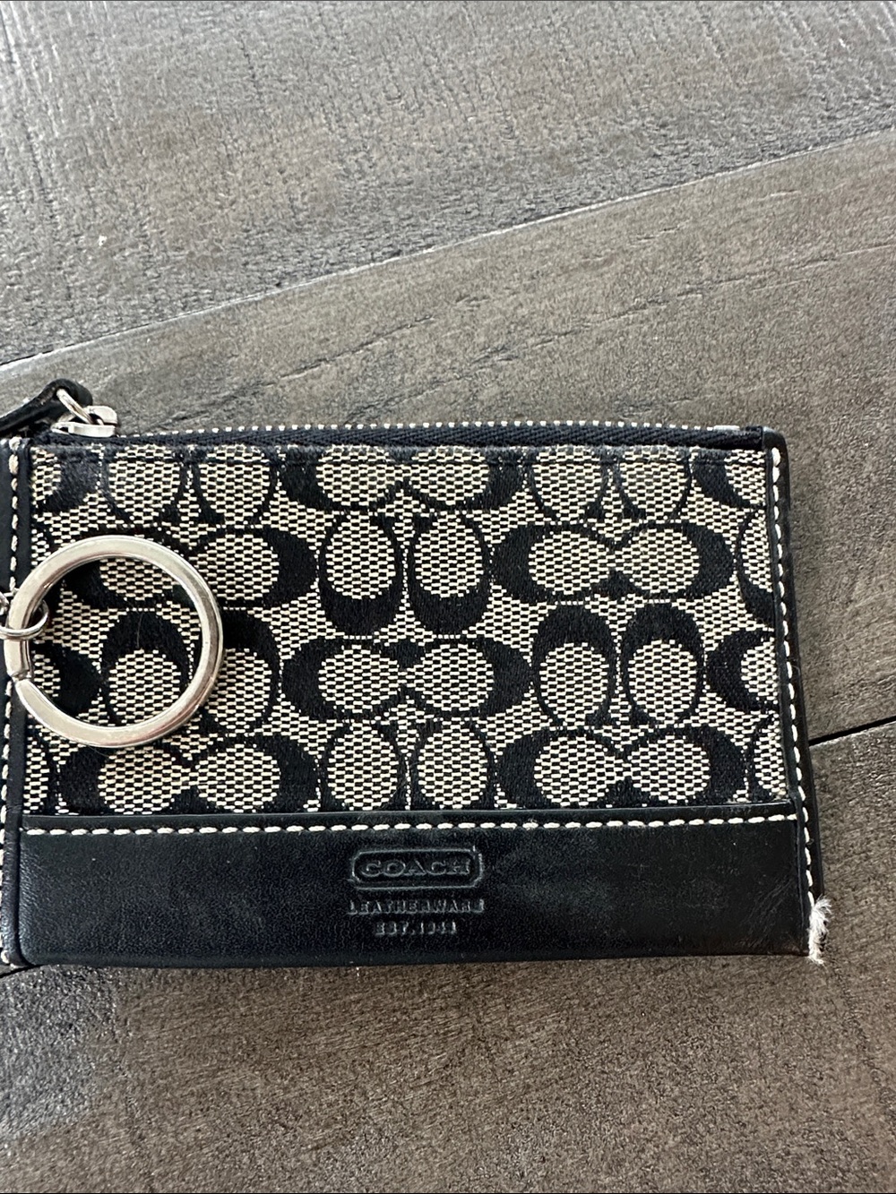 Coach Black and Cream Signature Card Wallet with Key Ring